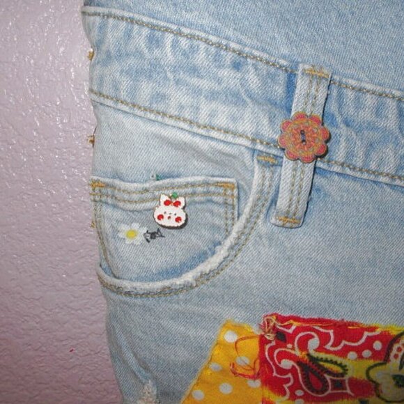 Isabel Maternity PATCHWORK Bib Overalls Size 10 SHORTALLS Shorts DIY Romper BOHO - Picture 3 of 12